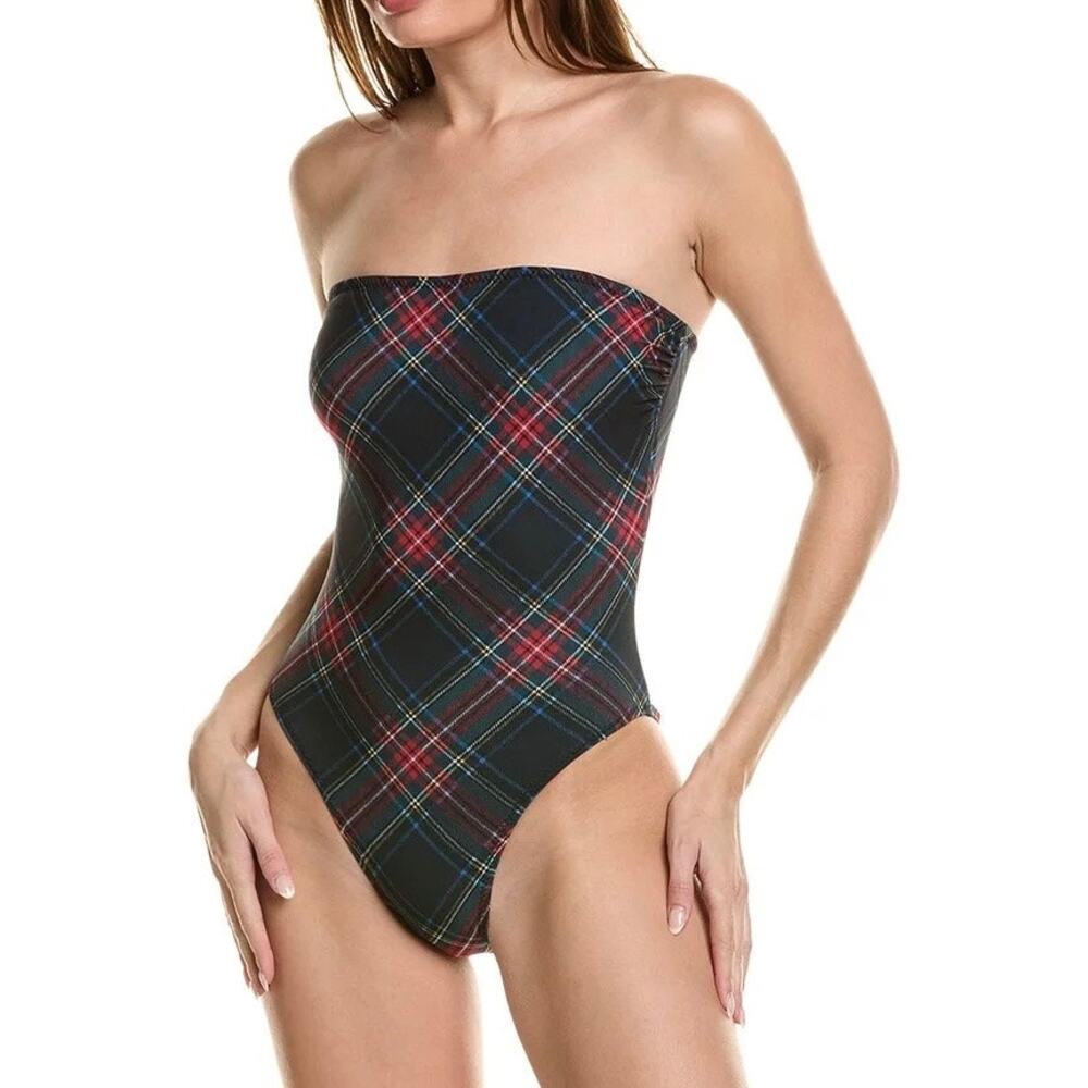 NWT Norma Kamali Bishop One Piece Swimsuit in Black Tartan Size Large